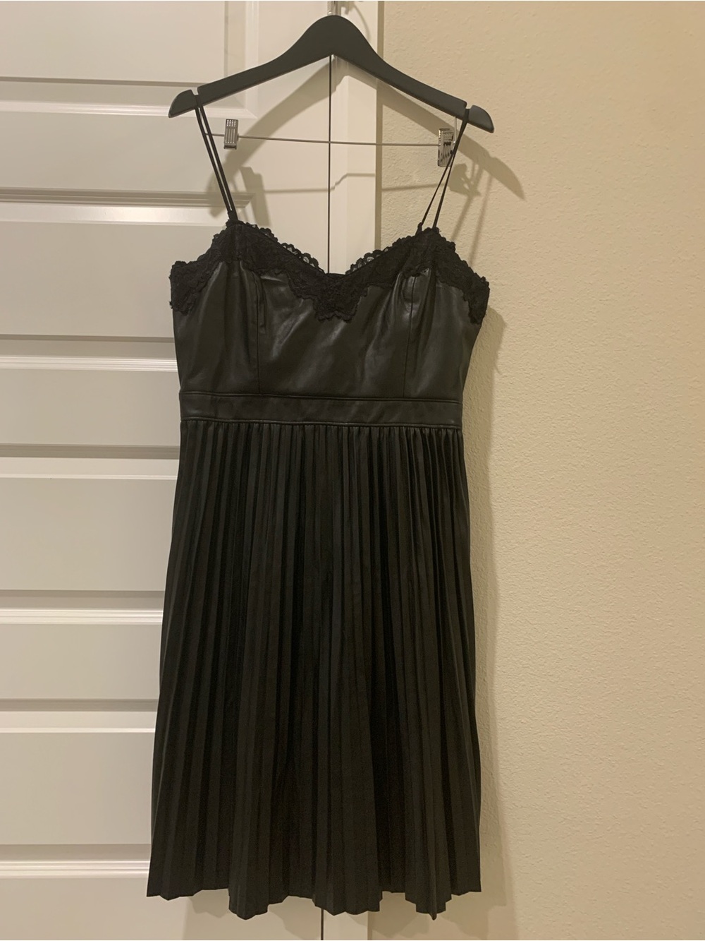 Express Black Faux-Leather Pleated Slip Dress with Lace Trim (Size L)